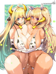  2girls :o :p ahoge animal_ears animal_print bell bikini black_choker blonde_hair blush border breast_press breasts bust_cup cameltoe choker colored_inner_hair commentary cow_ears cow_girl cow_horns cow_print cow_print_bikini cow_print_gloves cowbell dark-skinned_female dark_elf dark_elven_forest_ranger dark_skin elbow_gloves elf elven_forest_maker fake_animal_ears fake_horns gloves grabbing_another&#039;s_breast gradient_hair green_eyes green_hair groping highres horns huge_breasts lactation large_breasts last_origin leaf leaf_background light_particles long_hair looking_at_viewer micro_bikini milk multicolored_hair multiple_girls navel neck_bell official_alternate_costume pendant_choker pixiv_username pointy_ears print_bikini print_gloves purple_eyes shiny_skin short_twintails signature skindentation star-shaped_pupils star_(symbol) swimsuit symbol-shaped_pupils symmetrical_docking thong tongue tongue_out twintails twitter_username two-tone_hair umigarasu_(kitsune1963) watermark web_address white_border yuri 