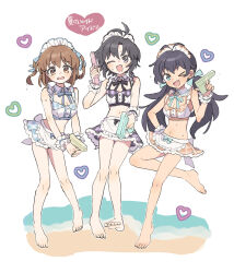  &gt;_o 3girls :d antenna_hair apron barefoot beach bikini black_hair blunt_ends breasts brown_hair cleavage collar detached_collar double-parted_bangs fang feet forehead full_body ganaha_hibiki hagiwara_yukiho heart highres holding holding_water_gun idolmaster idolmaster_(classic) idolmaster_million_live! idolmaster_million_live!_theater_days kikuchi_makoto long_hair maid maid_apron maid_bikini maid_headdress medium_breasts medium_hair microskirt multiple_girls navel ocean one_eye_closed open_mouth parted_bangs plaid_clothes plaid_skirt pnt_0202 short_hair skirt small_breasts smile standing swimsuit tearing_up toes translation_request twintails unconventional_maid v-shaped_eyebrows waist_apron water_gun wavy_mouth wet white_collar 