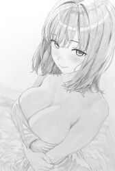  1girl absurdres blush breasts cleavage closed_mouth commentary_request eyelashes fingernails graphite_(medium) greyscale hand_on_own_elbow highres large_breasts lensia looking_at_viewer medium_hair monochrome naked_towel onsen original ripples smile solo towel traditional_media upper_body wading water 