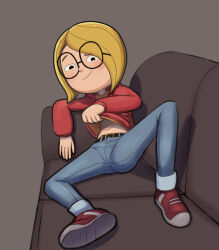  1girl absurdres belt black_eyes blonde_hair blush clothes_lift coach full_body glasses half-closed_eyes harriet_m._welsch harriet_the_spy highres hood hoodie looking_at_viewer lying pants red_hoodie shirt_lift shoes short_hair smile smug sneakers solo terzeebo 