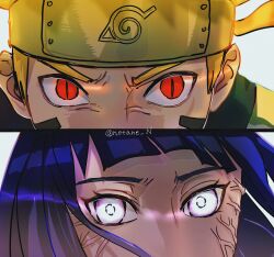  1boy 1girl artist_name byakugan eye_focus forehead_protector glowing glowing_eyes grey_eyes highres hyuuga_hinata long_hair looking_at_viewer naruto_(series) naruto_shippuuden notane_n red_eyes simple_background slit_pupils uzumaki_naruto white_background 
