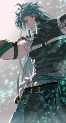  1boy abs alternate_hairstyle aqua_hair belt black_shirt buckle chest_harness chromatic_aberration cowboy_shot earrings hair_down harness highres jewelry jiyan_(wuthering_waves) long_hair looking_to_the_side male_focus muscular muscular_male open_clothes particles pectorals scales shirt skin_tight sleeveless sleeveless_turtleneck solo sweat tassel tassel_earrings turtleneck unbuckled vambraces wuthering_waves yan_te_yan yellow_eyes  rating:General score:1 user:Menace5