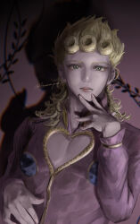  1boy absurdres bishounen blonde_hair cleavage_cutout clothing_cutout commentary_request curly_hair different_shadow giorno_giovanna gold_experience green_eyes hand_on_own_chin heart_cutout high_collar highres jacket jewelry jojo_no_kimyou_na_bouken kyanonpan50 ladybug_ornament long_hair long_sleeves looking_at_viewer male_focus parted_lips pectorals pink_jacket plant signature solo stand_(jojo) teeth upper_body vento_aureo vines wing_ornament 