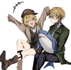  +++ +_+ 1boy 1girl arms_up black-framed_eyewear black_pants black_vest blonde_hair boots brown_boots brown_eyes brown_hat brown_jacket brown_shorts collared_shirt commentary_request don_quixote_(project_moon) glasses green_jacket grey_sweater hair_between_eyes hat highres holding holding_stuffed_toy jacket lapels limbus_company long_sleeves looking_at_another mu46016419 open_clothes open_jacket open_mouth pants plaid_clothes plaid_shorts project_moon semi-rimless_eyewear shirt short_hair shorts simple_background sinclair_(project_moon) sitting smile stuffed_animal stuffed_shark stuffed_toy sweatdrop sweater turtleneck turtleneck_sweater vest visor_cap white_background white_shirt yellow_eyes 