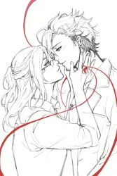  2boys aladdin_(sinoalice) asymmetrical_bangs beard_stubble collared_shirt commission earrings facial_hair grin hair_ornament hairclip hameln_(sinoalice) hands_on_another&#039;s_face highres imminent_kiss implied_yaoi jacket jewelry looking_at_another male_focus medium_hair monochrome multicolored_hair multiple_boys necklace necrosanto parted_lips ponytail reality_arc_(sinoalice) ring second-party_source shirt short_hair simple_background sinoalice sketch sleeves_rolled_up smile spot_color string string_of_fate stubble two-tone_hair vest white_background 