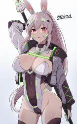  1girl :p animal_ear_fluff animal_ears arm_up black_thighhighs blush breasts brown_thighhighs cameltoe character_name cleavage closed_mouth covered_navel cowboy_shot cropped_jacket gluteal_fold green_nails grey_hair grey_jacket headgear highleg highleg_leotard highres hiruno holding holding_polearm holding_weapon jacket large_breasts leotard long_hair long_sleeves looking_at_viewer mole mole_on_breast nail_polish open_clothes open_jacket original playboy_bunny polearm ponytail rabbit_ears rabbit_girl rabbit_selena_(hiruno) rabbit_tail red_eyes simple_background skindentation smile solo spear strapless strapless_leotard tail thighhighs thighs tongue tongue_out very_long_hair weapon white_background white_hair yuina_(hiruno) 