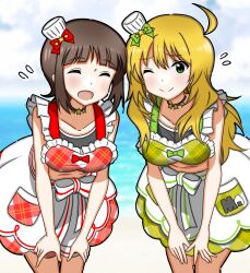  2girls absurdres ahoge amami_haruka anman_(yxwu7733) blonde_hair blush bow breasts brown_hair chef_hat choker closed_eyes closed_mouth collarbone day flying_sweatdrops green_bow green_eyes hair_bow hat highres hoshii_miki idolmaster idolmaster_(classic) leaning_forward long_hair looking_at_viewer midriff mini_hat multiple_girls one_eye_closed open_mouth outdoors plaid_clothes plaid_skirt red_bow short_hair skirt sleeveless smile standing star_(symbol) star_choker 