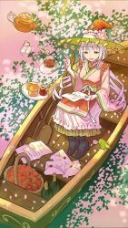  1girl apron artist_name basket bird boat bottle bow brown_eyes cherry_blossoms commentary_request cup dress floating flower food fruit green_bird hat highres holding holding_letter holding_paper ito_yoshi japanese_clothes kimono letter long_hair long_sleeves magic oar open_mouth original paper petals pink_hair plate reading rowboat sitting smile solo strawberry tea teapot waist_apron water watercraft wide_sleeves wine_bottle witch witch_hat 