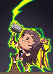  1girl arm_up aura bare_legs blush blush_stickers boots breasts brown_hair chibi dark-skinned_female dark_skin electricity female_focus full_body glowing grin hair_ribbon hammer hand_on_own_hip happy highleg highleg_leotard holding holding_hammer holding_weapon legs_apart leotard lightning long_hair looking_up marvel marvel_cinematic_universe mizuki_yukikaze mjolnir_(marvel) outdoors pink_eyes revealing_clothes ribbon shiny_clothes skin_tight small_breasts smile solo standing symbol-shaped_pupils taimanin_(series) taimanin_suit taimanin_yukikaze taimanun thong_leotard thor_(series) twintails two_side_up very_long_hair weapon weapon_connection wide_hips 