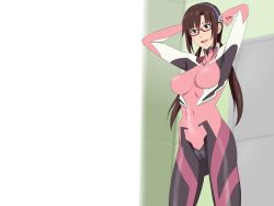 1girl arms_behind_head arms_up blue_eyes bodysuit breasts brown_hair cleft_of_venus cottage glasses highres large_breasts long_hair makinami_mari_illustrious mecha_pilot_suit neon_genesis_evangelion open_mouth pink_bodysuit plugsuit_(evangelion) smile solo tagme rating:Questionable score:14 user:UltraPerv88