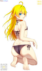  1girl absurdres ahoge artist_name ass back bare_shoulders barefoot bikini black_bikini blonde_hair blue_eyes blush commission commissioner_upload elf flat_chest from_behind full_body halterneck highres kneeling long_hair looking_at_viewer looking_back lori_hagami lotte_farona official_art open_mouth pointy_ears qr_code side-tie_bikini_bottom simple_background soles solo string_bikini striped_background swimsuit twitter_username ways_of_darkness_(series) white_background 
