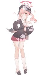 1girl :t absurdres anger_vein beret black_hat black_shirt black_wings blue_archive blush commentary_request feathered_wings full_body halo hat head_wings highres koharu_(blue_archive) long_hair long_sleeves looking_at_viewer loose_socks miniskirt pink_hair pleated_skirt pout puff_of_air red_skirt school_uniform serafuku shirt single_bare_shoulder skirt socks solo tachibana_shiori_(suica_112) twintails white_socks wings rating:Sensitive score:6 user:danbooru
