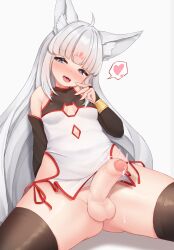  1futa absurdres ahoge animal_ear_fluff animal_ears bare_shoulders black_thighhighs blue_eyes blush breasts bridal_gauntlets cum cum_string erection foreskin fox_cutout fox_ears futanari grey_hair heart highres indie_virtual_youtuber kotonoha_yukino long_hair looking_at_viewer medium_penis nose_blush open_mouth penis phimosis precum sleepypudding small_breasts solo spoken_heart teeth testicles thighhighs tongue tongue_out twitching_penis uncensored upper_teeth_only virtual_youtuber 