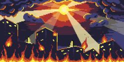  building burning city cityscape cloud cloudy_sky destruction dusk fire hokkai irynefer landscape light_rays makai_(touhou) no_humans pixel_art sky sun sunbeam sunlight touhou touhou_(pc-98) window 