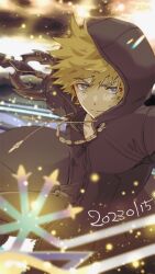  1boy black_pants black_robe blonde_hair closed_mouth dated furrowed_brow grey_eyes hair_between_eyes holding holding_weapon hood hood_up hooded_robe keyblade kingdom_hearts kingdom_hearts_ii looking_at_viewer male_focus o_yaszzzzz pants robe roxas short_hair solo spiked_hair upper_body weapon 