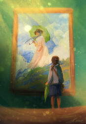  1girl backpack bag blue_skirt brown_hair from_behind full_body hair_bun holding holding_umbrella lens_flare light_particles looking_at_object original painterly portrait_(object) shirt skirt solo umbrella white_shirt woman_with_a_parasol zandra 