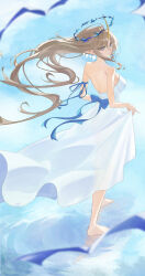  1girl absurdres alternate_costume back backless_dress backless_outfit bare_shoulders barefoot blonde_hair blue_eyes breasts commentary crown_of_thorns dress earrings evelyn_(evelyn_s072) feet fleurdelys_(wuthering_waves) floating_earrings full_body highres horns jewelry large_breasts long_dress long_hair long_horns looking_at_viewer pointy_ears reflection reflective_water sidelocks single_horn solo tacet_mark_(wuthering_waves) toes very_long_hair white_dress wuthering_waves yellow_horns 