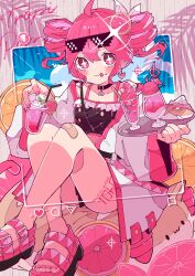  1girl absurdres ahoge black_tank_top bow breasts coat commentary_request crop_top crossed_ankles cup drill_hair drinking_straw food foot_out_of_frame fruit grey_background grey_coat hair_between_eyes hair_bow hair_ribbon haru57928031 highres holding holding_cup ice_cream_cup kasane_teto kasane_teto_(sv) leg_tattoo lemon long_sleeves musical_staff musical_staff_print number_tattoo official_alternate_costume official_art pillow pink_nails red_hair red_tattoo ribbon sandals sitting small_breasts solo star-shaped_pupils star_(symbol) striped_tank_top symbol-shaped_pupils synthesizer_v tank_top tattoo twin_drills utau white_bow white_ribbon wide_sleeves 