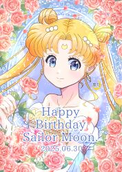  1girl absurdres bare_shoulders bishoujo_senshi_sailor_moon blonde_hair blue_eyes crescent crescent_facial_mark double_bun dress facial_mark flower forehead_mark hair_bun highres kuroasa24 long_hair princess_serenity strapless strapless_dress tsukino_usagi twintails very_long_hair white_dress 