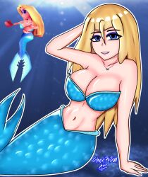  absurdres bikini blonde_hair blue_eyes breasts donkey_kong_(series) donkey_kong_64 eyeliner full_body ghostpoisonart highres jewelry large_breasts makeup mermaid monster_girl nintendo non-web_source scales shell shell_bikini swimsuit underwater 