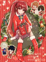  1girl 4boys :d ^_^ ahoge alternate_costume animal_costume antlers bell black_bow black_bowtie black_hair blush boots bow bowtie brown_eyes brown_hair chibi chibi_inset christmas christmas_ornaments closed_eyes closed_mouth commentary dress fake_antlers frown full_body fur-trimmed_boots fur-trimmed_dress fur-trimmed_sleeves fur_trim gift grey_hair hair_between_eyes hat highres holding holding_gift holding_stuffed_toy horns inohara_masato knees_together_feet_apart knees_up light_particles little_busters! long_hair long_sleeves looking_at_viewer miyazawa_kengo multiple_boys naoe_riki natsume_kyousuke natsume_rin neck_bell open_mouth piyo_(kinkooo333) ponytail red_background red_bow red_dress red_footwear reindeer_antlers reindeer_costume santa_costume santa_dress santa_hat short_hair sidelocks simple_background sitting smile solo_focus spiked_hair split_mouth standing star_(symbol) stuffed_animal stuffed_toy teddy_bear twitter_username very_long_hair 