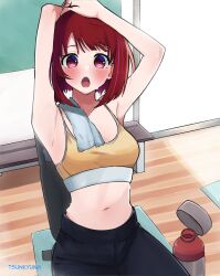  1girl arima_kana armpits arms_up black_pantyhose blush bob_cut bottle breasts highres looking_at_viewer medium_breasts midriff navel open_mouth oshi_no_ko pantyhose red_eyes red_hair short_hair solo sports_bra sweat towel towel_on_one_shoulder tsunkyunn twitter_username water_bottle yellow_sports_bra 