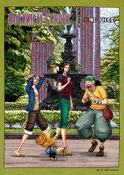  1girl 3boys animal animal_on_shoulder antlers artist_name bag bird bird_on_shoulder black_hair black_shorts boots border commentary eyewear_on_head green_border green_shoes hat headphones high_heels highres horns iury_padilha long_nose monkey_d._luffy multiple_boys nico_robin one_piece open_mouth orange-tinted_eyewear pelican ponytail purple_shirt reindeer_antlers sash scar scar_on_chest shirt shoes shorts shoulder_bag straw_hat t-shirt tinted_eyewear tony_tony_chopper usopp yellow_sash 