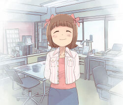  1girl amami_haruka arms_behind_back blue_skirt brown_hair closed_eyes closed_mouth cowboy_shot facing_viewer hair_ribbon highres idolmaster idolmaster_(classic) idolmaster_1 indoors jacket long_sleeves office open_clothes open_jacket pink_ribbon pink_shirt ribbon see-through_body shirt short_hair skirt smile solo standing tsubobot white_jacket 