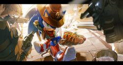  1boy arm_behind_head bb_meronpan black_border blue_fur body_fur boots border brown_hat brown_vest cowboy_hat crossed_legs green_eyes green_shirt gun handgun hat highres red_boots revolver sheriff_(western) shirt sitting smirk solo_focus sonic_(series) sonic_the_hedgehog vest weapon 