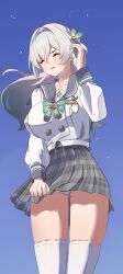  1girl absurdres blue_background bow bowtie breasts buttons cameltoe closed_eyes clothes_lift covered_erect_nipples double-breasted firefly_(honkai:_star_rail) firefly_(spring_missive)_(honkai:_star_rail) green_bow green_bowtie grey_hairband grey_ribbon grey_sailor_collar grey_skirt grey_sleeve_cuffs hair_ornament hair_ribbon hairband hand_in_own_hair highres honkai:_star_rail honkai_(series) large_breasts long_sleeves panties plaid_bow plaid_bowtie plaid_clothes plaid_skirt pleated_skirt ribbon sailor_collar skirt skirt_lift solo thighhighs underwear white_panties white_sleeves white_thighhighs ynfkin 