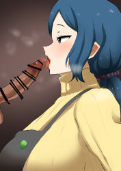 1boy 1girl absurdres apron bar_censor black_apron blue_eyes blue_hair breasts censored clothed_female_nude_male clothed_sex clothes dark-skinned_male dark_blue_hair dark_skin erection fellatio gundam gundam_build_fighters hetero highres imminent_fellatio iori_rinko large_breasts large_penis licking licking_penis long_hair looking_at_viewer mature_female nude open_mouth oral penis ponytail simple_background testicles tongue tongue_out veins veiny_penis rating:Explicit score:52 user:xAkira