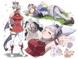  1girl =_= absurdres animal animal_ears armpits arms_behind_head arms_up blunt_bangs blush boots bow bowtie breasts brown_hat bug butterfly butterfly_on_nose carrot chiikawa clenched_hands closed_eyes closed_mouth confetti dress eating flower food frilled_skirt frills gloves gold_ship_(racehorse) gold_ship_(umamusume) grass grey_hair hand_on_own_hip hat high_heel_boots high_heels highres horse horse_ears horse_girl horse_tail insect large_breasts long_hair lying multiple_views on_back on_side pantyhose pillbox_hat pleated_skirt red_bow red_bowtie sailor_collar school_uniform serafuku skirt sleeveless sleeveless_dress standing sunglasses tail thigh_strap thighhighs tongue tongue_out tracen_school_uniform umamusume usa_go13 white_boots white_gloves white_pantyhose white_sailor_collar white_thighhighs yellow_flower zzz 