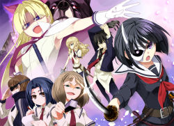  1boy 5girls 6+girls bear belt black_gloves black_hair blonde_hair blue_eyes blue_hair book braid brown_eyes brown_hair busou_shoujo_machiavellism cape closed_mouth eyepatch gloves green_eyes hanasaka_warabi holding holding_book kanzaki_karuna kikakujou_mary kyoubou long_sleeves looking_at_viewer mask multiple_boys multiple_girls necktie nomura_fudou oni_mask onigawara_rin open_mouth petals pleated_skirt purple_eyes red_necktie sakurawatari_nico school_uniform serafuku sheath sheathed short_hair short_sleeves skirt square-end_necktie tanukihara_kinue touko_tsunemi white_gloves writing 