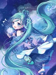  1girl aqua_hair aqua_nails blue_eyes blue_jacket blue_skirt blush braid braided_hair_rings earrings hair_ornament hair_rings hatsune_miku highres holding holding_microphone jacket jewelry long_hair looking_at_viewer looking_back magical_mirai_(vocaloid) magical_mirai_miku magical_mirai_miku_(2025) microphone musical_note nagitofuu official_alternate_costume official_alternate_hairstyle open_mouth skirt sky small_stellated_dodecahedron smile solo star_(sky) star_(symbol) star_earrings star_hair_ornament starry_sky twintails very_long_hair vocaloid 