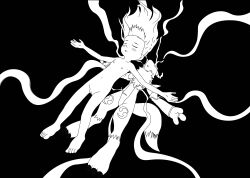  1girl 1other armpits barefoot biomerge blunt_bangs collarbone completely_nude digimon digimon_tamers dubidu123 energy expressionless feet female_focus flat_chest floating floating_hair full_body fusion groin hair_down henshin highres legs light_blush loli long_hair makino_ruki matrix_evolution monochrome navel neck nipples nude official_alternate_hairstyle orange_hair outstretched_arms parted_lips pussy renamon sidelocks small_nipples thighs toenails toes transformation truth 