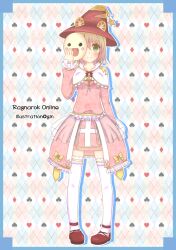  1girl animal_ears arch_bishop_(ragnarok_online) argyle_background blue_border blush border bow breasts brown_hair brown_hat closed_mouth club_(shape) commentary_request cross diamond_(shape) dress dress_bow fake_animal_ears frilled_dress frilled_sleeves frilled_thighhighs frills full_body ginn0613v green_eyes hat heart holding holding_mask looking_at_viewer mask medium_breasts official_alternate_costume pink_dress ragnarok_online red_shoes sash shoes short_hair smile solo spade_(shape) thighhighs two-tone_dress white_thighhighs witch_hat yellow_bow yellow_sash 