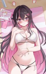  1girl 7nopi absurdres azki_(hololive) bag bare_shoulders beach_towel bikini black_bikini blush bottle bracelet braid breasts brown_hair cellphone closed_mouth collarbone colored_inner_hair commentary fingernails hair_intakes highres hololive jewelry large_breasts long_hair looking_at_viewer lying multicolored_hair nail_polish navel on_back phone pink_eyes pink_hair pink_nails sand smartphone solo stomach streaked_hair sweat swimsuit thighs towel virtual_youtuber white_bikini white_hair wide-eyed 