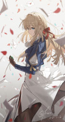  1girl absurdres artist_name ascot blonde_hair blue_eyes braid brown_gloves commentary dated envelope falling_petals from_side gloves green_brooch hair_ribbon highres holding_brooch juliet_sleeves kieed long_hair long_sleeves parted_lips petals puffy_sleeves red_petals red_ribbon ribbon solo violet_evergarden violet_evergarden_(series) white_ascot 