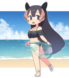  1girl animal_ears beach bikini black_bikini black_eyes black_hair blush brown_hair collarbone extra_ears frilled_bikini frills highres kemono_friends long_hair mountain_tapir_(kemono_friends) multicolored_hair pozesuke sandals sarong see-through_clothes solo spaghetti_strap swimsuit tail tapir_ears tapir_girl tapir_tail white_hair white_sandals 