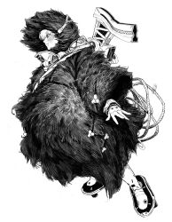 1girl arms_at_sides blunt_bangs blush boots coat commentary dutch_angle english_commentary from_side full_body fur-trimmed_headwear fur_coat fur_trim geta greyscale heo_sung-moo highres hood hood_up long_sleeves mask mask_around_neck monochrome original respirator rope simple_background solo standing stitches weapon weapon_on_back wide_sleeves winter_clothes rating:General score:1 user:danbooru