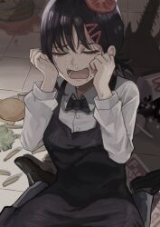  1girl absurdres apron black_apron black_bow black_bowtie black_hair black_shoes blush bow bowtie burger chainsaw_man closed_eyes commentary crying cup disposable_cup drink food food_on_hair food_on_head french_fries hair_ornament higashiyama_kobeni highres indoors kneeling long_sleeves mcdonald&#039;s mole mole_under_eye mole_under_mouth object_on_head open_mouth ponytail scared shadow shirt shoes short_hair short_ponytail soda solo tare_negima tearing_up tears tomato tomato_slice white_shirt 