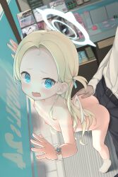  1boy 1girl @_@ absurdres against_glass ass bent_over blonde_hair blue_archive blue_eyes blush clothed_male_nude_female completely_nude convenience_store flat_chest forehead grabbing_another&#039;s_ass groping halo hand_on_glass hetero highres implied_sex indoors loli long_hair looking_at_viewer mini_wings nipples nude open_mouth scrunchie senifu sensei_(blue_archive) shop socks solo_focus sora_(blue_archive) standing white_socks wings wrist_scrunchie 