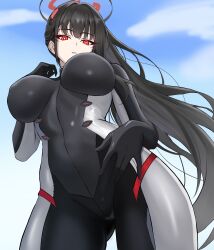  1girl absurdres black_bodysuit black_hair blue_archive blue_sky bodysuit breasts cloud covered_navel day from_below hair_ornament halo highres lansulynn large_breasts long_hair official_alternate_costume outdoors parted_lips ponytail red_eyes rio_(blue_archive) rio_(bodysuit)_(blue_archive) skin_tight sky solo very_long_hair 