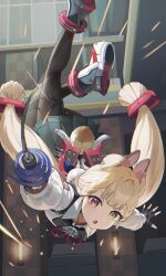  1girl absurdres alice_thymefield animal_ears black_gloves black_pantyhose blonde_hair braid collared_shirt ear-to-ear fingerless_gloves gloves green_skirt hair_ornament highres holding holding_weapon long_hair long_sleeves looking_at_viewer low_twintails outdoors pantyhose parted_lips rabbit_ears rabbit_girl rabbit_tail red_eyes shirt skirt solo tail tem_(tempainting1) twintails very_long_hair weapon white_shirt yellow_eyes zenless_zone_zero 