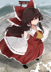  1girl absurdres ascot bare_shoulders black_shoes bow breasts brown_hair closed_mouth cloud collarbone collared_shirt commentary_request day detached_sleeves frills full_body gohei grey_sky hair_between_eyes hair_bow hair_ornament hair_tubes hakurei_reimu highres holding holding_gohei japanese_clothes long_hair long_sleeves looking_at_viewer medium_breasts miko mountain nontraditional_miko oonusa outdoors red_bow red_eyes red_shirt red_skirt shadow shirt shoes sidelocks skirt sky sleeveless sleeveless_shirt smile solo tooya0130 torii touhou white_sleeves wide_sleeves yellow_ascot 