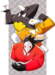  3boys absurdres bara bowing cake cocktail_glass commentary_request cup deltarune drinking_glass flexing food furry furry_male highres holding holding_plate holding_tray kinoshita_jiroh male_focus multiple_boys muscular muscular_male plate swatchling_(deltarune) tray 