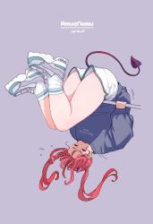 1girl absurdres amu-chan_(kohe_billialot) closed_eyes demon_girl demon_horns demon_tail full_body grey_sweater highres horizontal_bar horns kohe_billialot long_hair original purple_horns red_hair shoes shorts signature simple_background sneakers socks solo sweater tail thighs twintails upside-down white_shoes white_shorts