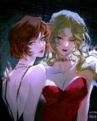  2girls bare_shoulders black_dress blonde_hair blue_eyes commentary_request cosplay dress earrings haibara_ai hand_on_another&#039;s_shoulder highres jewelry long_hair meitantei_conan multiple_girls necklace one_eye_closed red_dress red_lips short_hair signature smile swept_bangs tanyaf2022 upper_body vermouth_(meitantei_conan) 