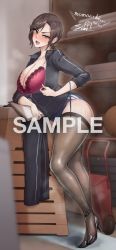  1girl black_footwear black_thighhighs blush bra breasts brown_hair buruma cleavage clipboard commentary_request female_focus gym_storeroom high_heels highres holding holding_clipboard indoors jacket large_breasts open_clothes open_jacket open_mouth original pants purple_eyes red_bra sample_watermark shelf short_hair sian signature standing storage_room teacher thighhighs track_jacket underwear watermark  rating:Sensitive score:113 user:danbooru