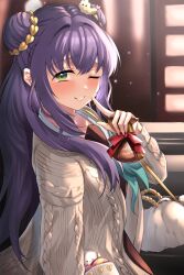  1girl absurdres aqua_neckerchief blush brown_cardigan brown_dress cardigan character_hair_ornament cogimyun commentary_request double_bun dress ebifurai_(sanrio) finger_to_cheek gift green_eyes grin hair_bun hair_ornament hasu_no_sora_school_uniform highres holding holding_gift ixianim light_particles link!_like!_love_live! long_hair long_sleeves looking_at_viewer love_live! neckerchief obligation_chocolate official_alternate_costume one_eye_closed open_cardigan open_clothes otomune_kozue purple_hair red_ribbon ribbon sailor_collar sailor_dress sanrio school_uniform sidelocks smile solo standing virtual_youtuber white_sailor_collar winter_uniform 